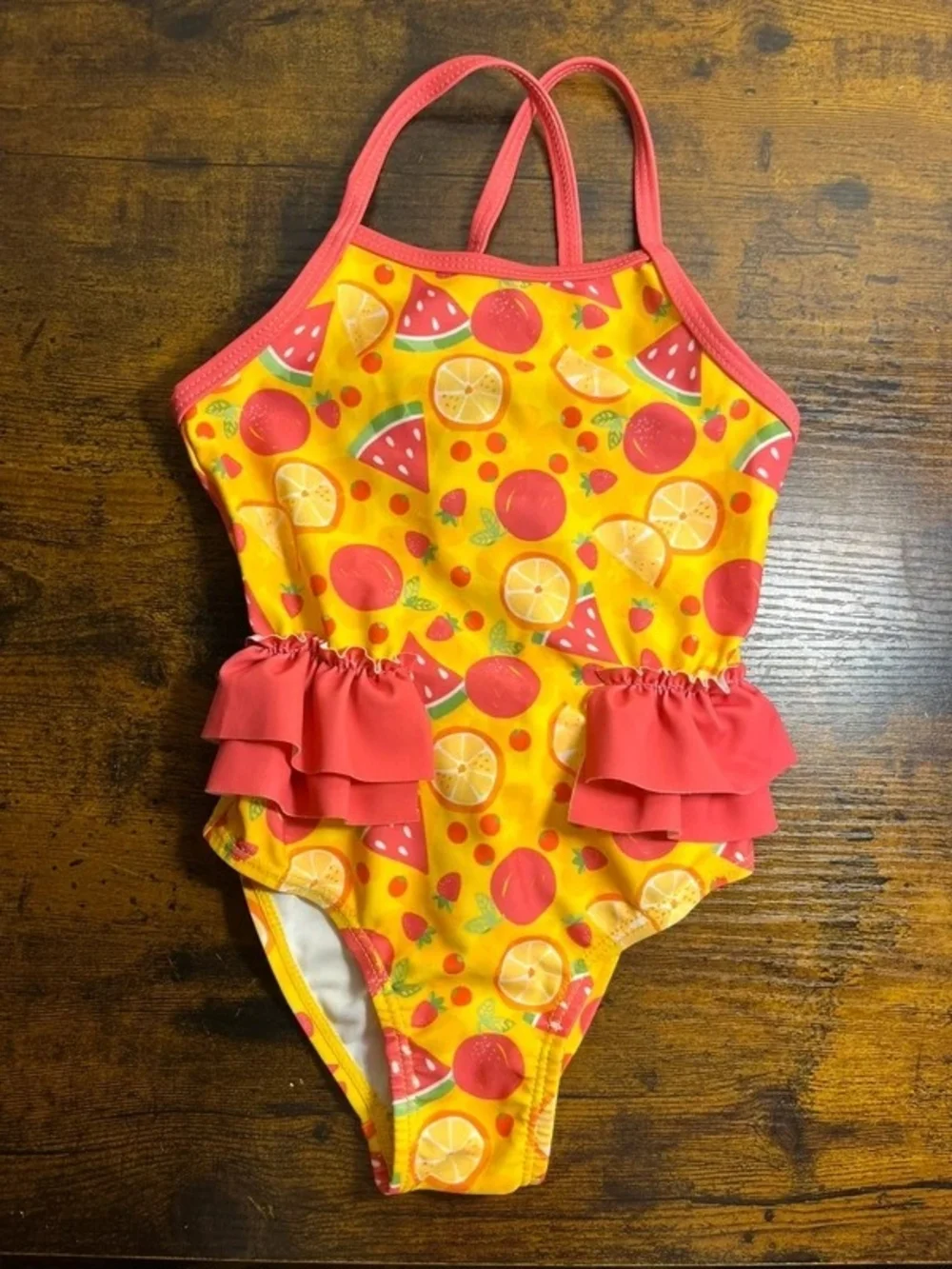 Girls' Yellow Fruit Print One-Piece Swimsuit with Coral Ruffles